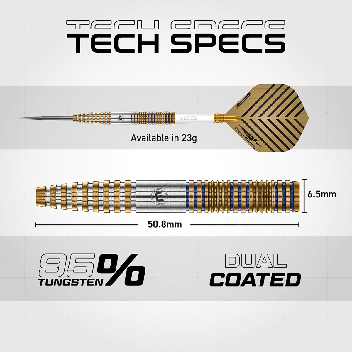 Winmau Daryl Gurney Signature Edition tech specs showing 95% tungsten, 50.8mm barrel length, 6.5mm diameter and dual-coated finish