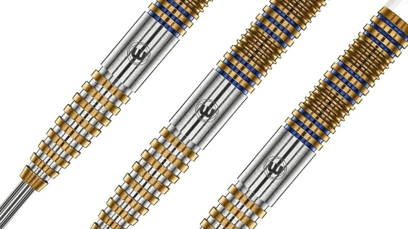 Winmau Daryl Gurney Signature Edition dart barrels at an angle showing the blue and gold ringed grip