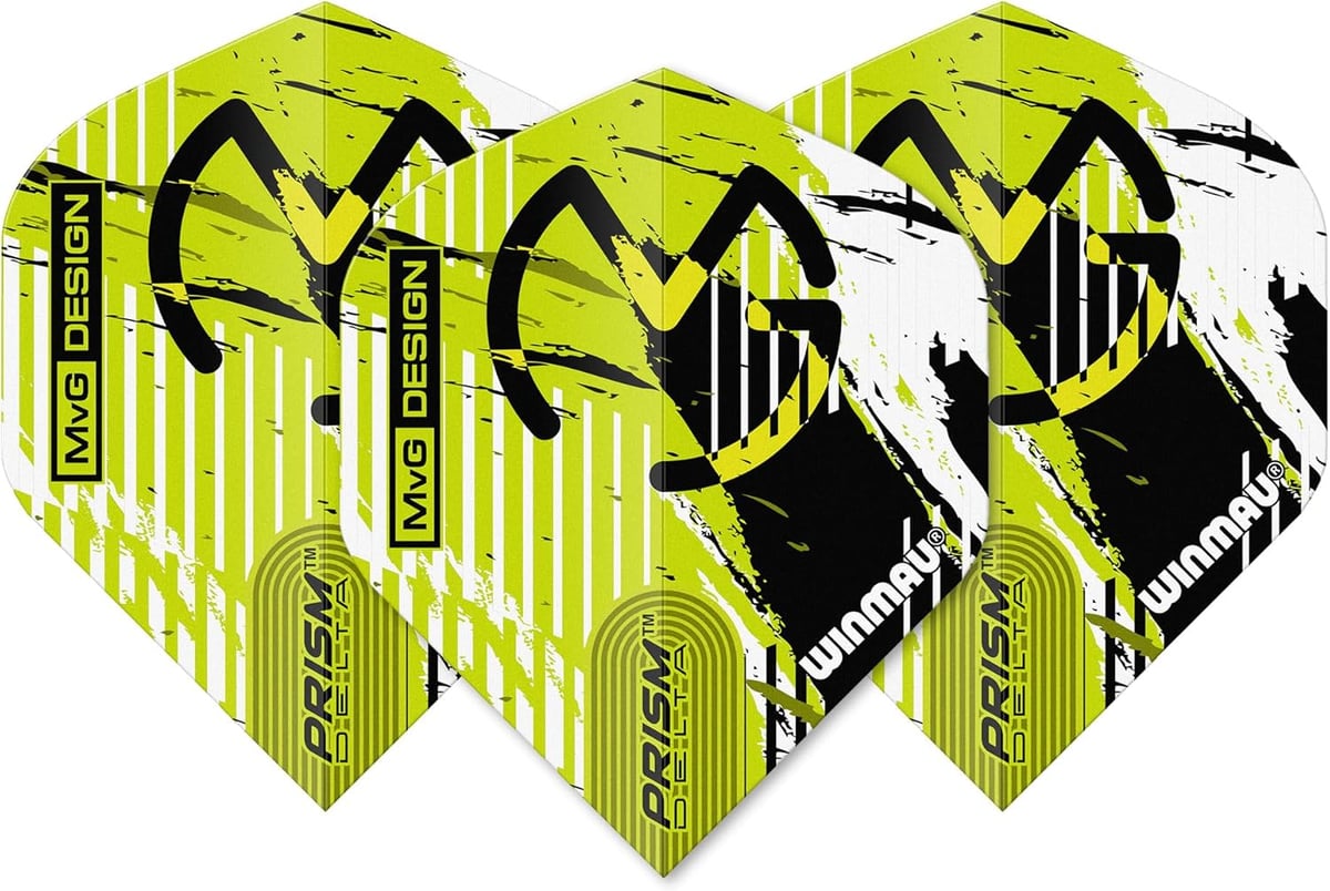 Winmau Prism Delta flights in black with MvG green branding, standard shape