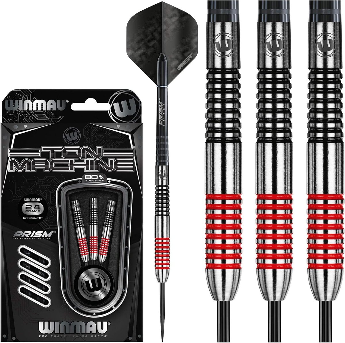 Winmau Ton Machine packaging and full dart set showing the 80% tungsten barrels, Prism flights and shafts, and point protector case