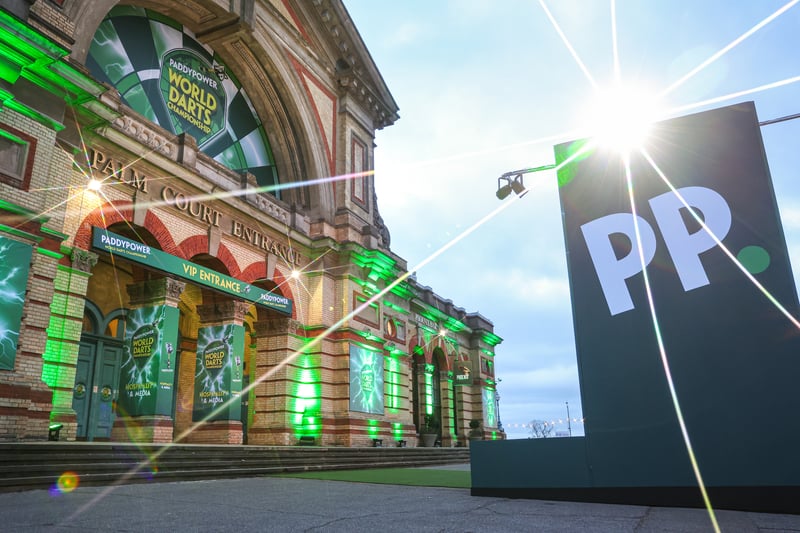 The Palm Court entrance at Alexandra Palace dressed in green for the Paddy Power World Darts Championship