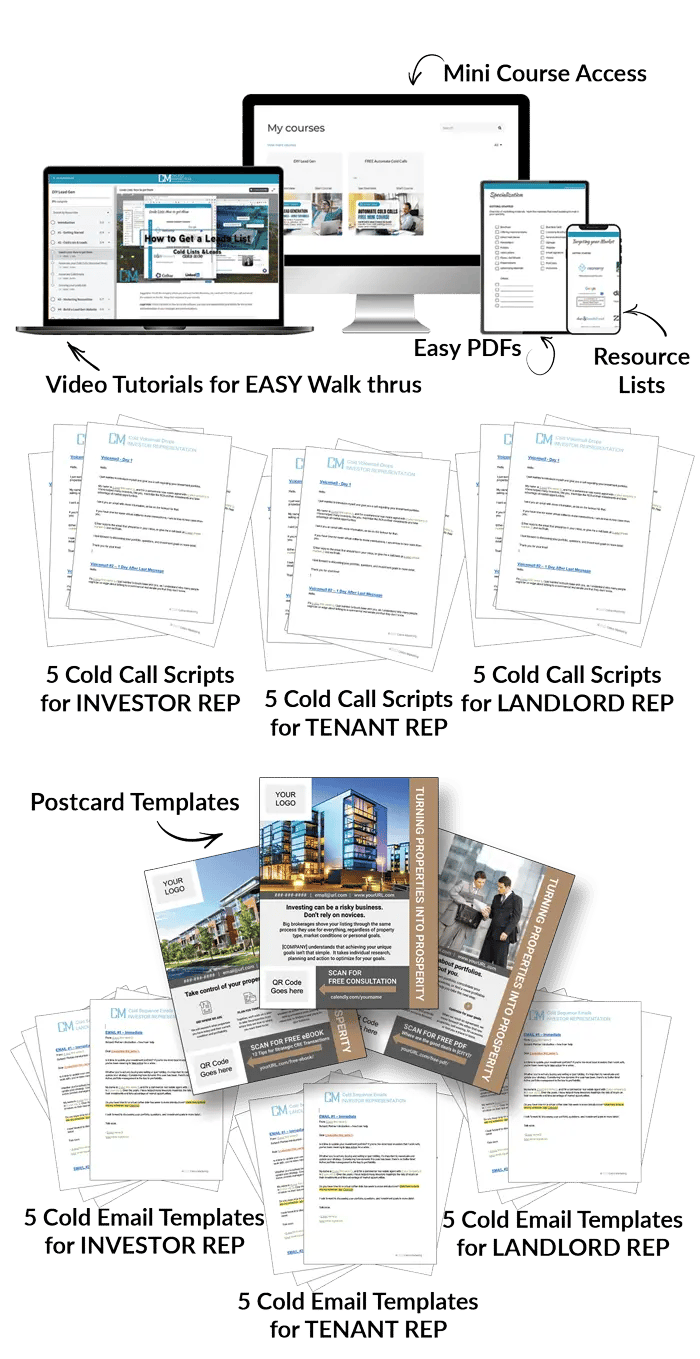Mockup of materials included in the Cold Lead Hero Package. Shows the video tutorials, easy PDF downloads, templates, and more.