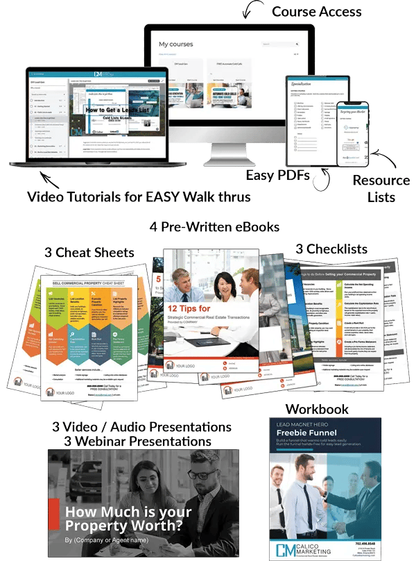 Lead Magnet Hero Materials Mockup of materials included in the Lead Magnet Hero Package. Shows the video tutorials, easy PDF downloads, cheat sheets, ebooks, checklists, slide decks, and more.