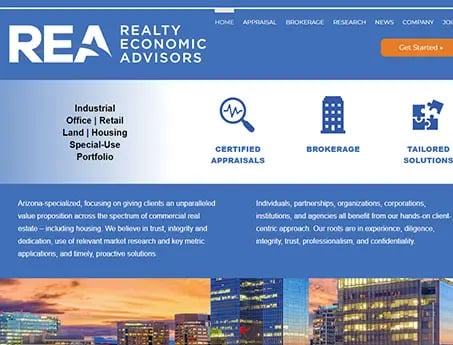 Screenshot of a website created for a commercial appraisal and brokerage company Realty Economic Advisors in Scottsdale, Arizona.
