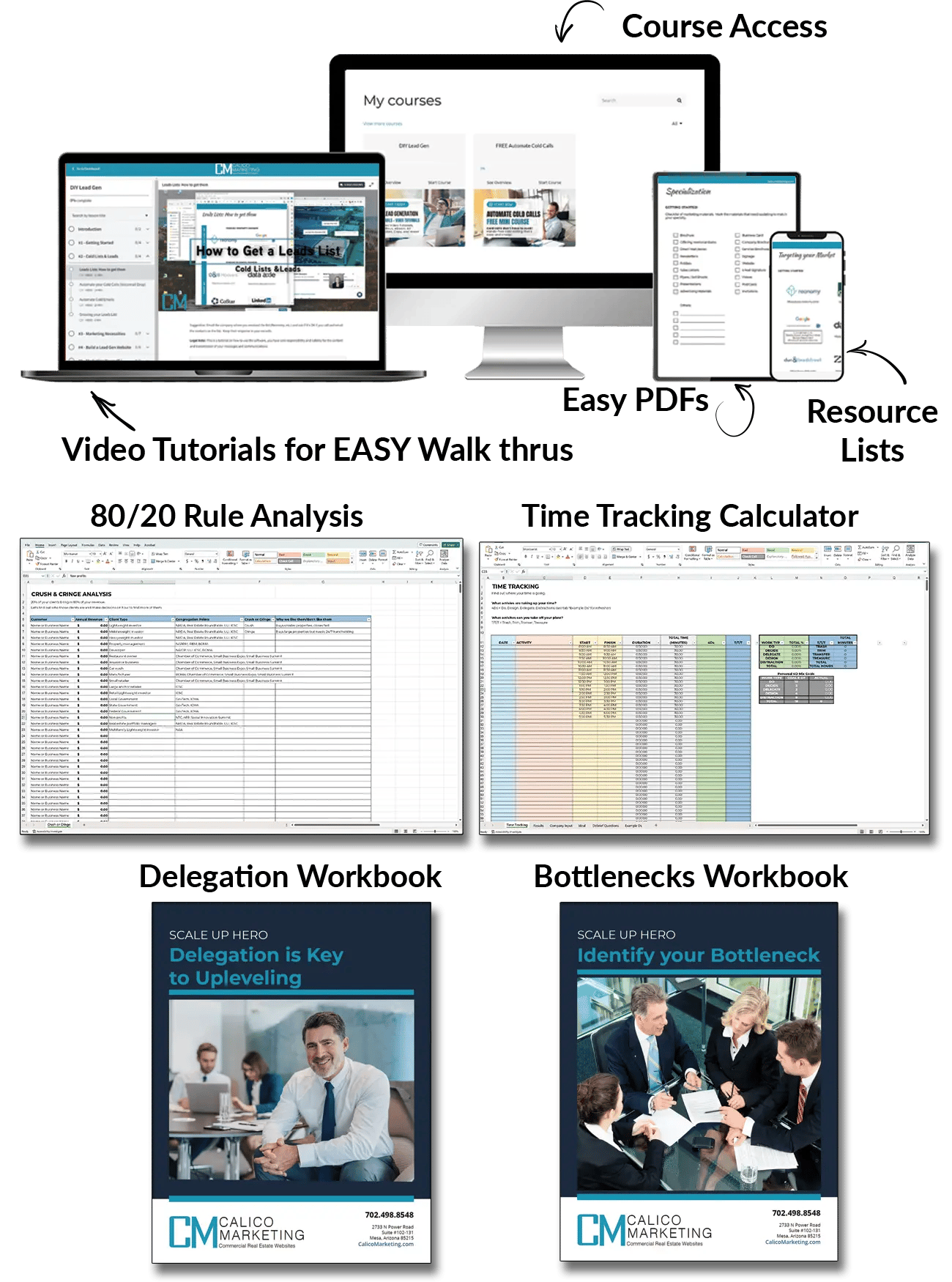 Mockup of materials included in the Scale Up Hero Package. Shows the video tutorials, easy PDF downloads, spread sheet of the 80-20 rule, time tracking calculator, delegation workbook and bottlenecks workbook.