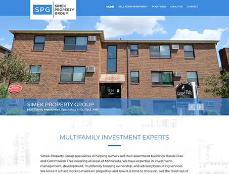 Screenshot of Simek Property Group's website, a multifamily investment and development group in St. Paul, Minnesota.