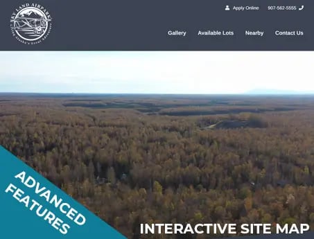 Screenshot of the website created for Sky Land Airpark which has a gated masterplan in remote Alaska and a landing strip with hangars for air access to the property.