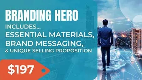 A business man's silhouette against a futuristic rendering of a city scape with the title "Branding Hero."