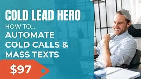A smiling business man looks onto his laptop while sitting at his desk with the title, "Cold Lead Hero"