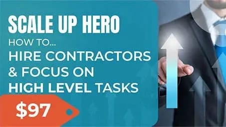 A white business man pointing at an arrow pointed up with the title, "Scale Up Hero".