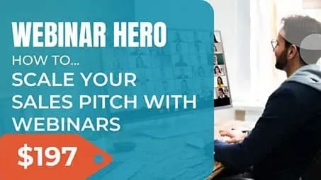 A business man talking on his computer to hundreds of webinar attendees with the title, "Webinar Hero".