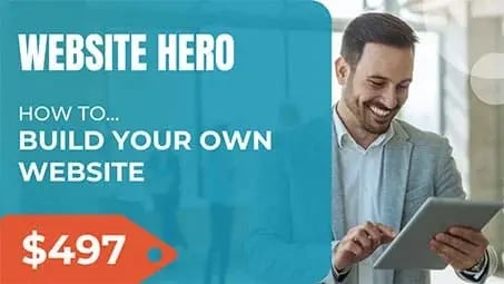A casual, white business man holding a tablet and smiling with the title, "Website Hero."