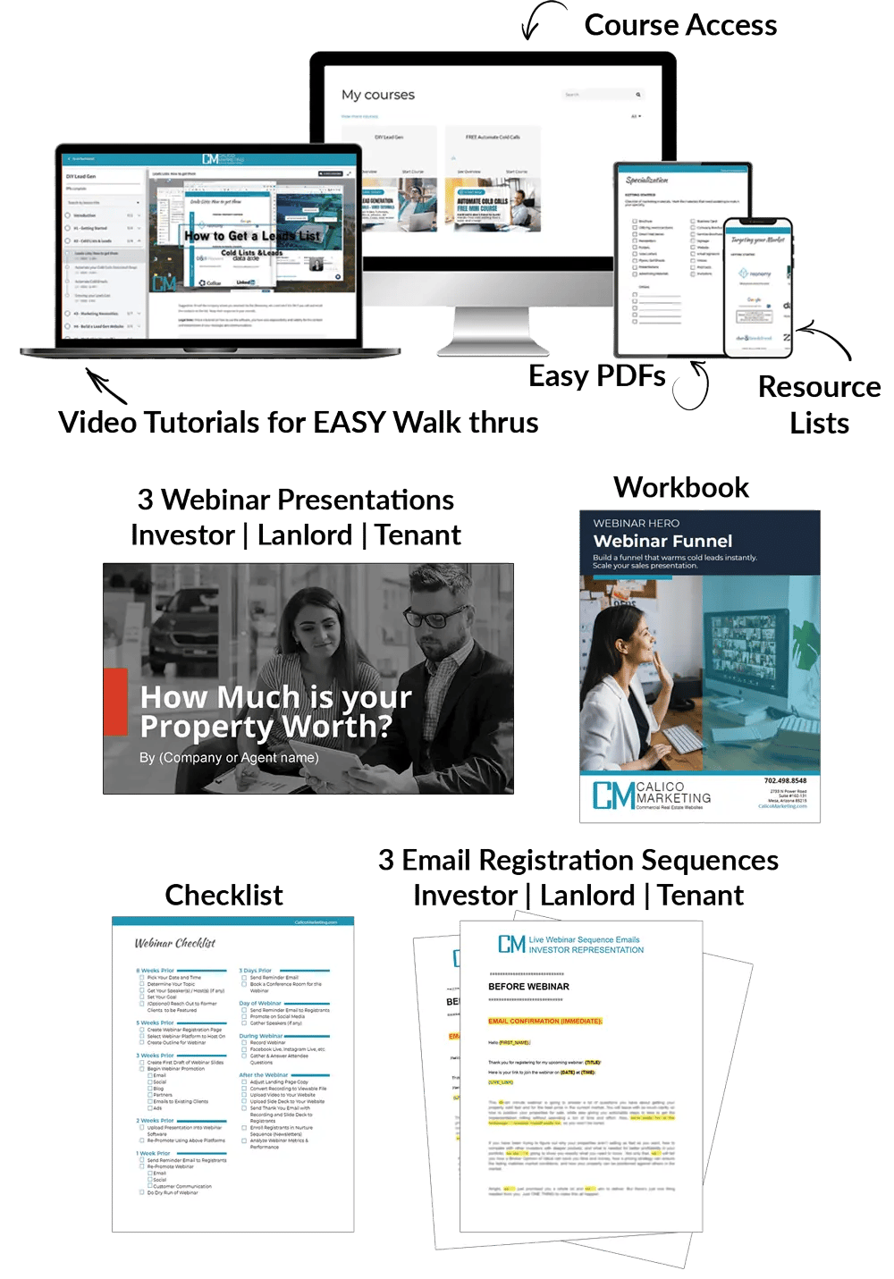 Mockup of materials included in the Hero Package. Shows the video tutorials, easy PDF downloads, slide decks, webinar funnel checklist, workbook with webinar funnel walk through, email registration series, and more.