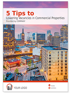 eBook book cover that says 5 tips to leasing vacancies for your commercial real estate property.