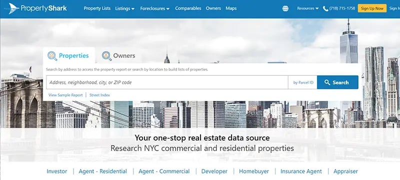 Screenshot of the website's home page for Property Shark.