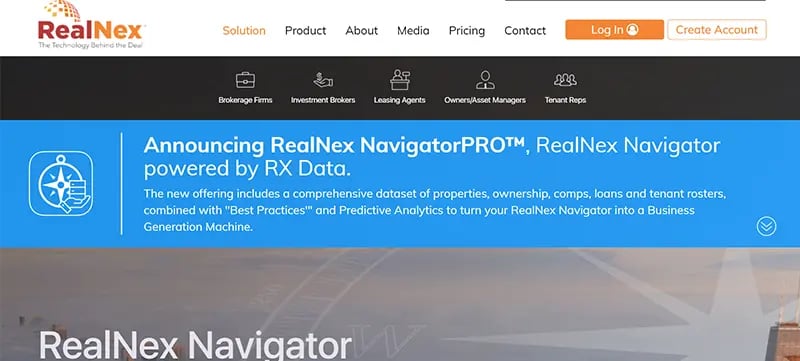Screenshot of the website's home page for RealNex.