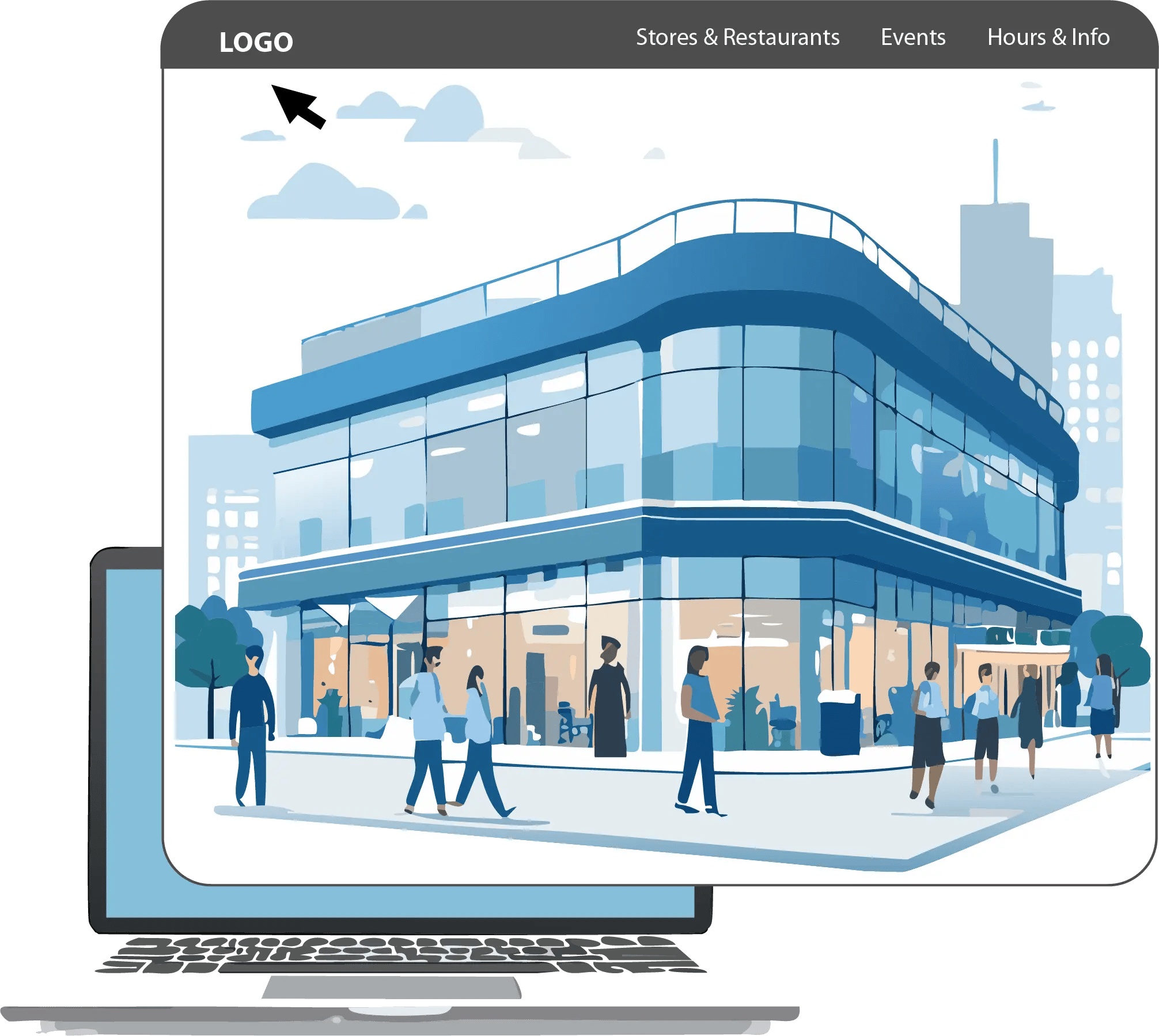 Shopping Mall Website A website jumping out of an open laptop. The website has a menu bar and a graphic of a two story shopping center.