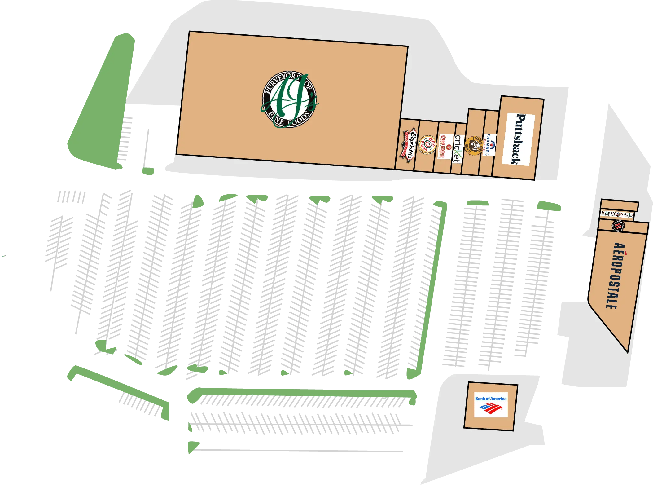 Shopping Mall Sitemap Sitemap of a retail shopping center with green space, parking lot and surrounding shops.
