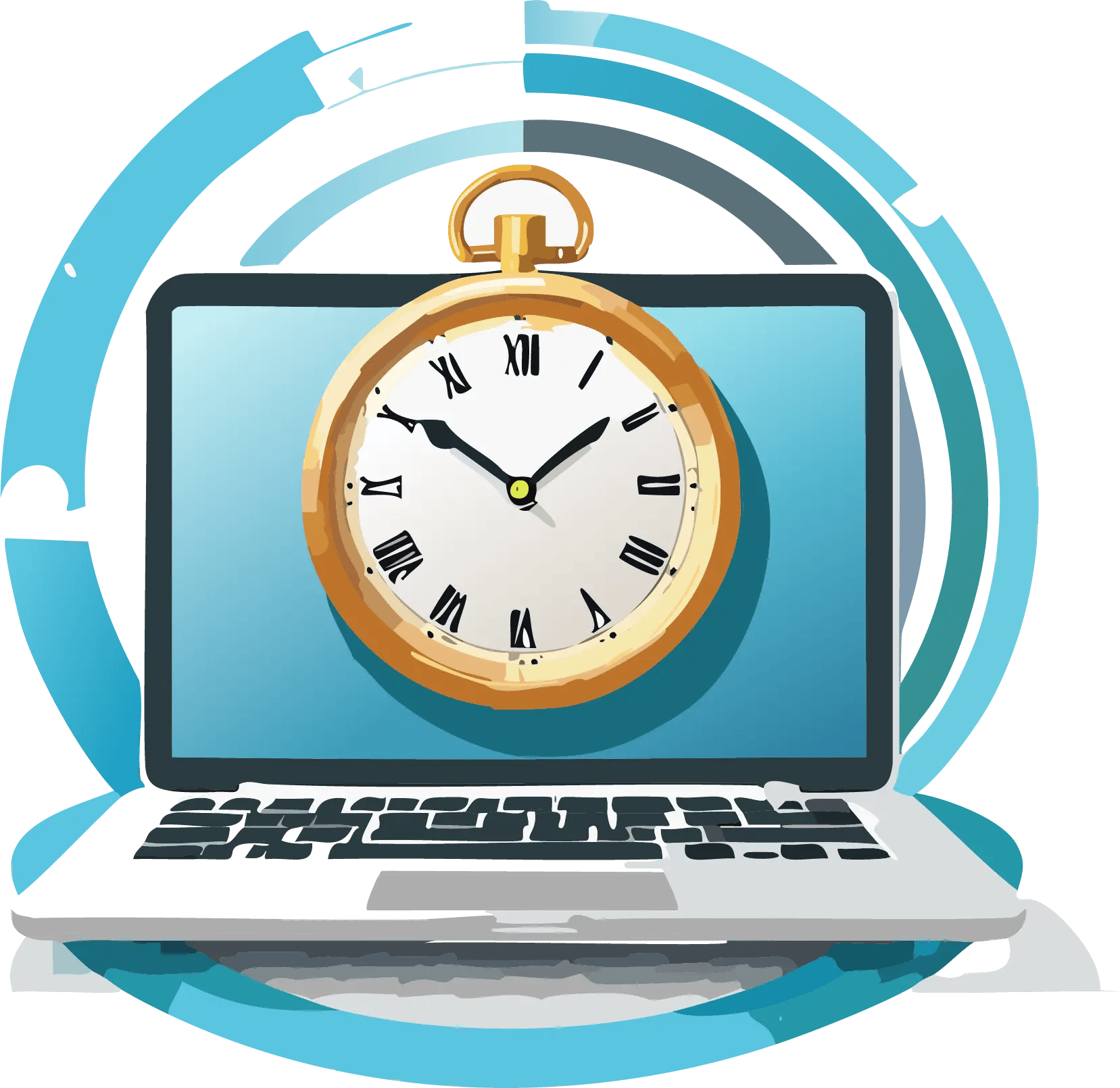 Website Fast Turnaround Time An open laptop with a stop watch and a swirling bar around the two showing time lapse.