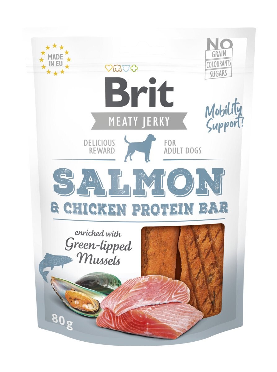 Brit Jerky Snack baltyminis skanėstas šunims su lašiša, 80g - 