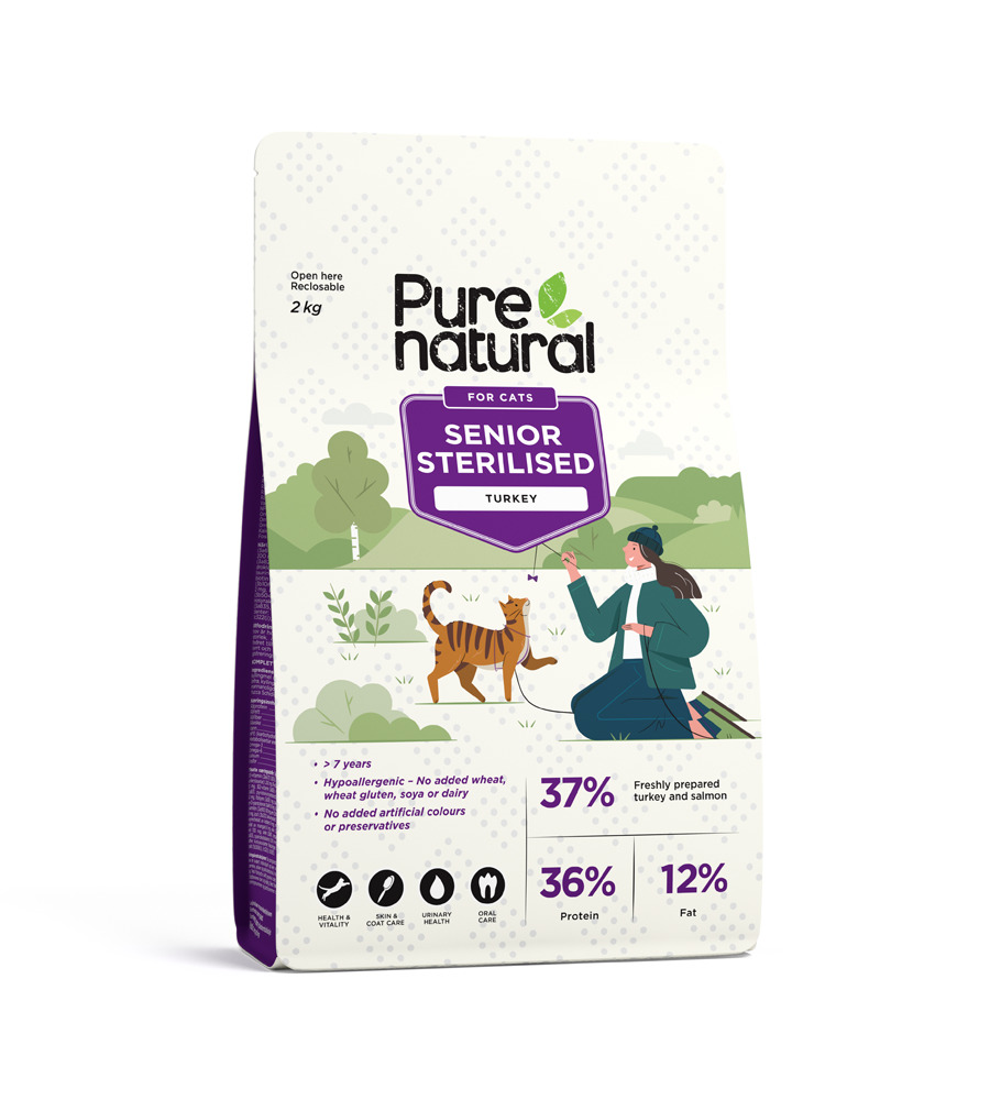 Purenatural begrūdis sausas maistas senjorėms katėms su kalakut., 2kg - 