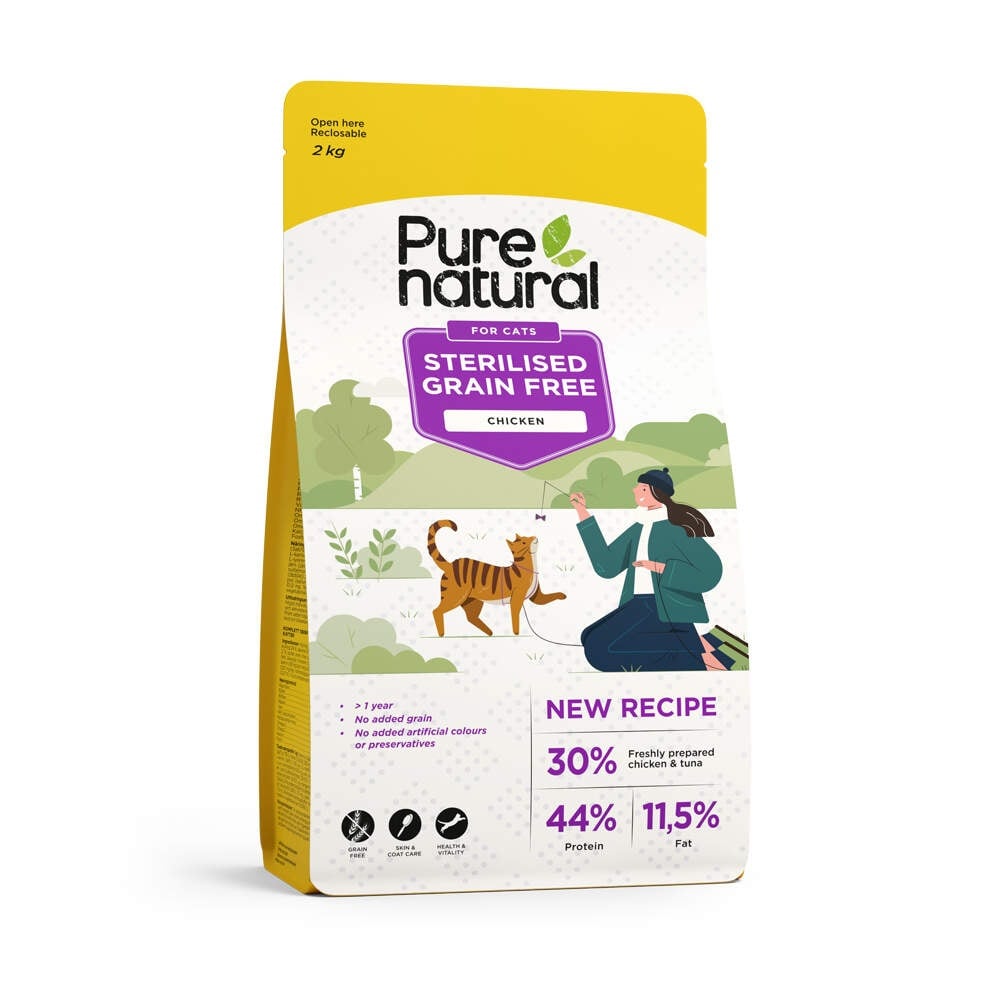 Purenatural begrūdis sausas maistas steril. katėms su vištiena, 2 kg -  1