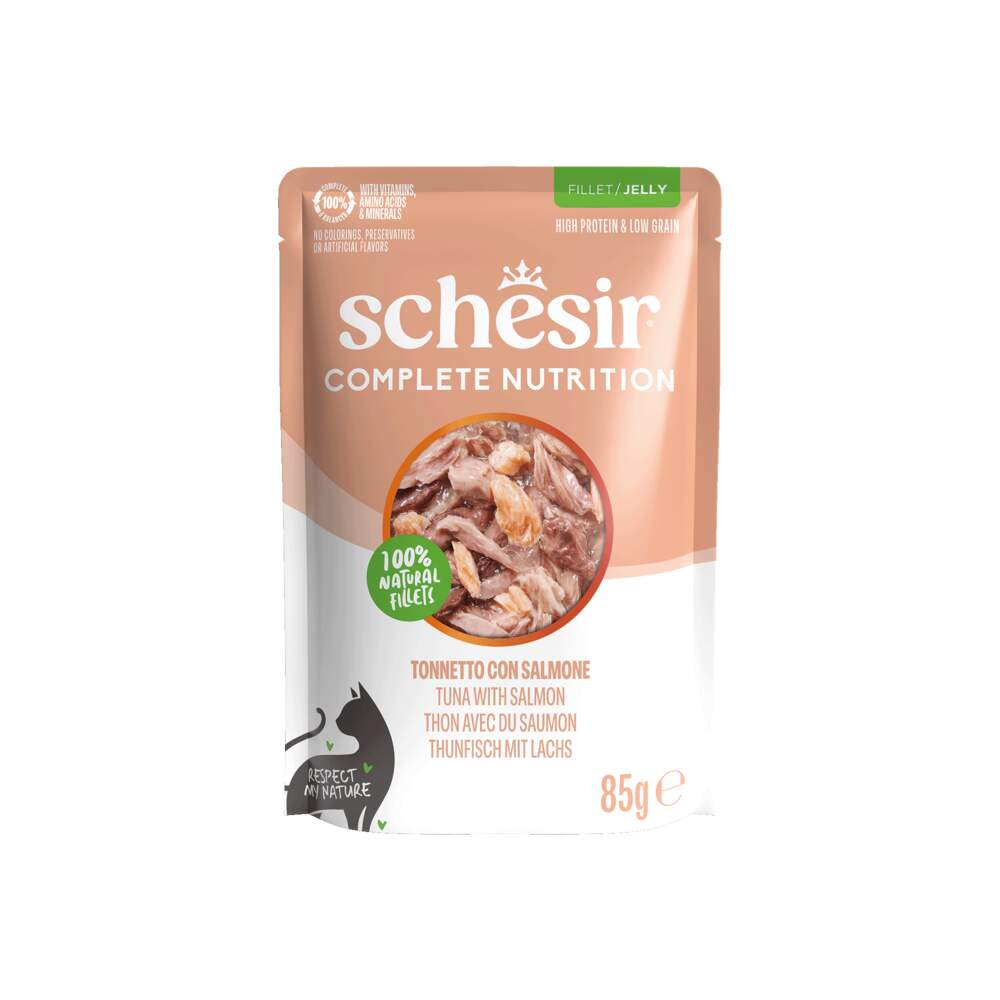 Schesir mitrā barība kaķiem, tuncis/lasis želejā, 85g - Produkta attēls