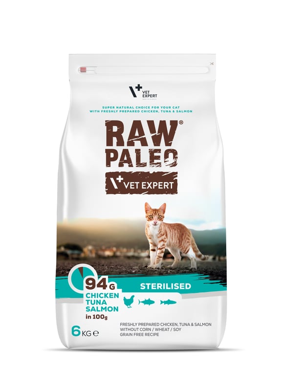Raw Paleo maistas sterilizuotoms katėms su vištiena ir žuvimi, 6 kg