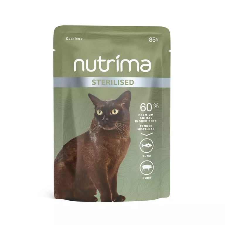 Nutrima steriliseeritud kassi konserv, tuunikala/siga, 85 g