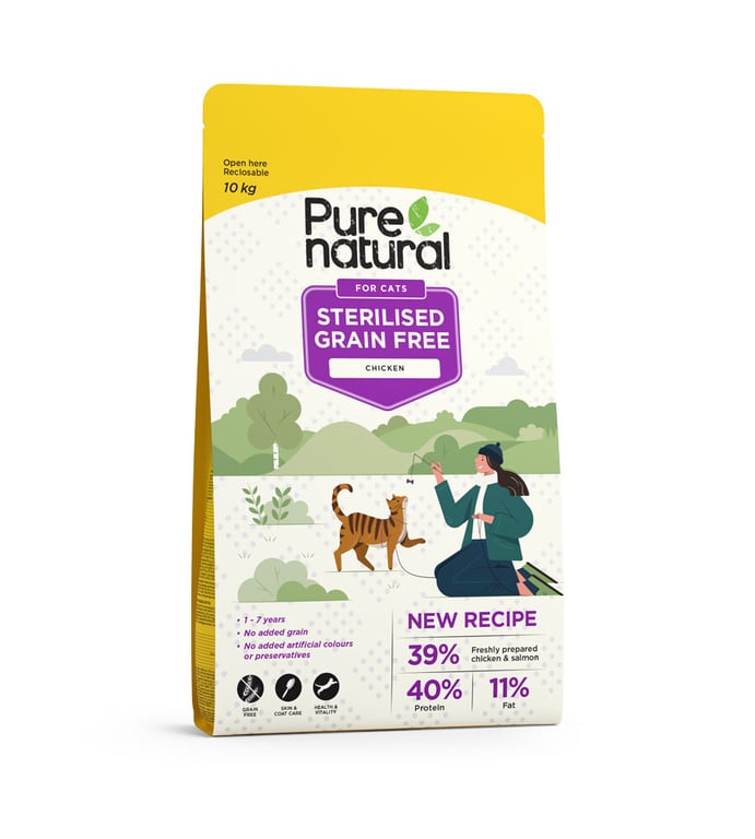 PURENATURAL Sterilised sausā barība kaķiem, vista/lasis, 10kg