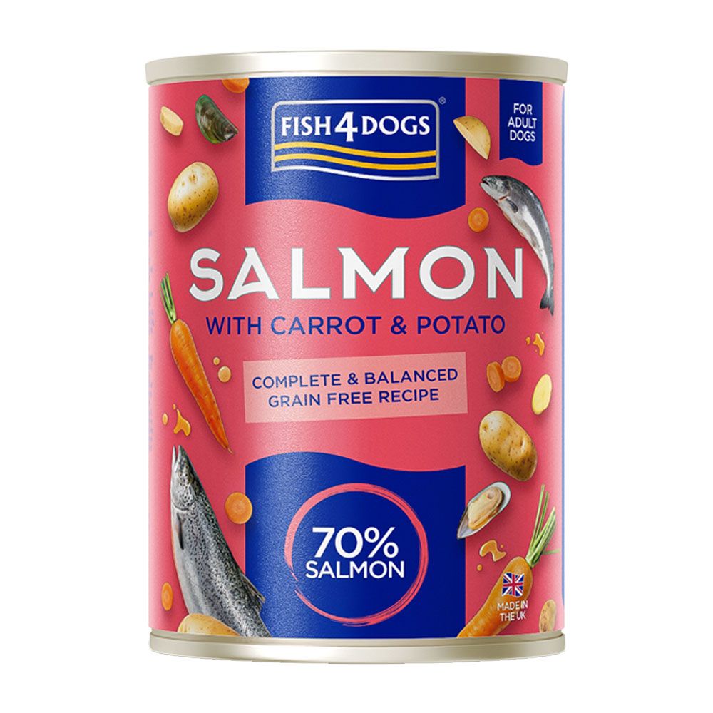 Fish4Dogs mitrā barība suņiem, lasis/burkāni/kartupeļi, 395 g - Produkta attēls