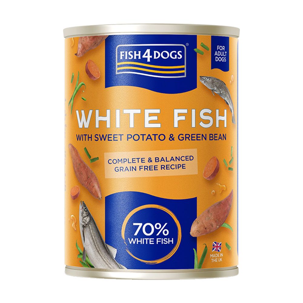 Fish4Dogs mitrā barība suņiem baltā zivs/batātes/zaļās pupiņas, 395 g - Produkta attēls
