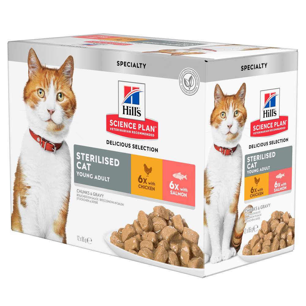 Hill's SP Young Sterilised kassi einekotikeste multipakk, lõhe/kana, 12x85 g - Tootepilt