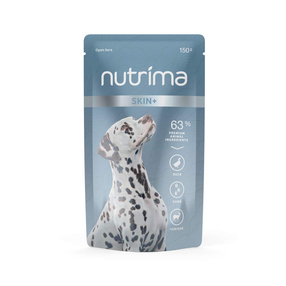 Nutrima Skin+ mitrā barība suņiem, pīle/medījums/briedis, 150g - Produkta attēls