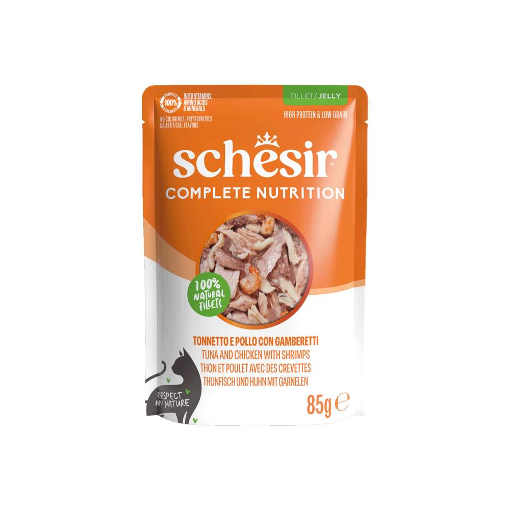 Schesir mitrā barība kaķiem, tuncis/vista/garneles želejā, 85g - Produkta attēls