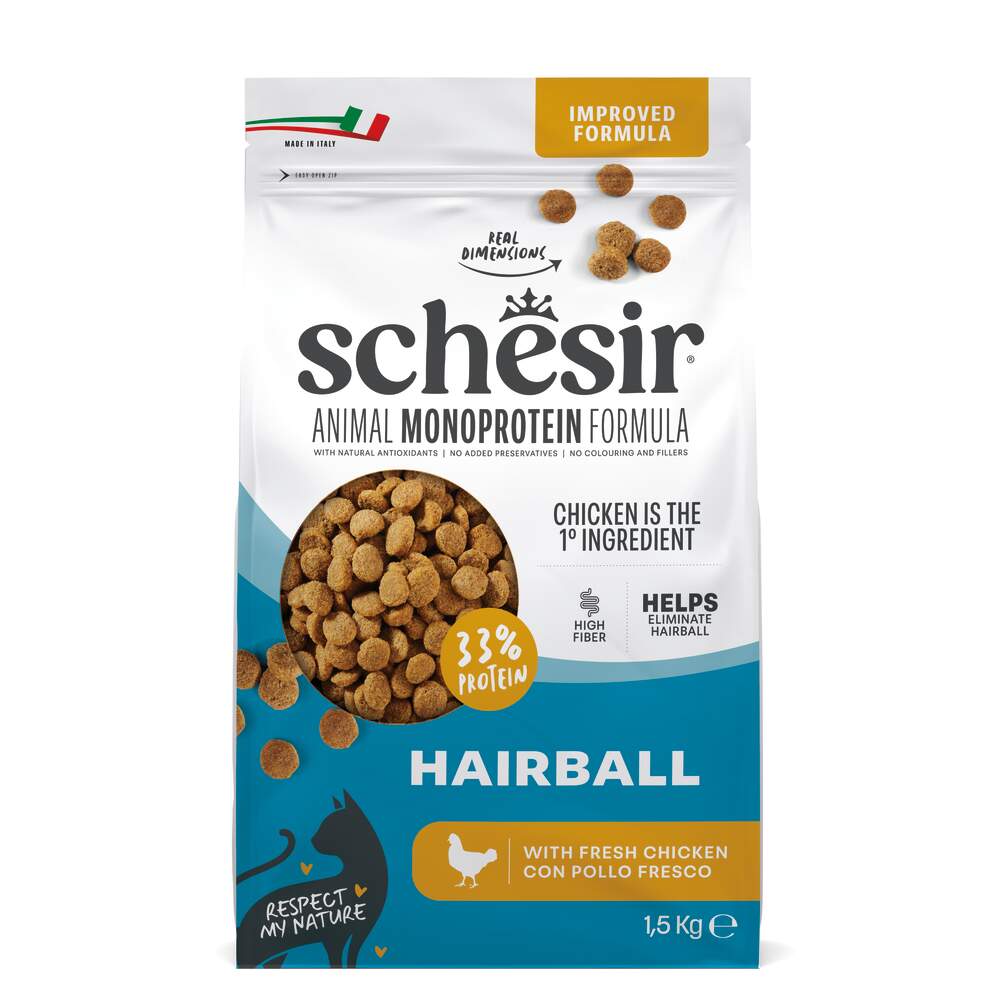 Schesir Monoprotein Hairball sausā barība kaķiem, vista 1,5kg - Produkta attēls