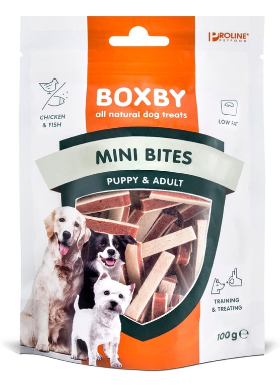 Boxby Mini Bites skanėstai šunims, su vištiena ir žuvimi, 100g