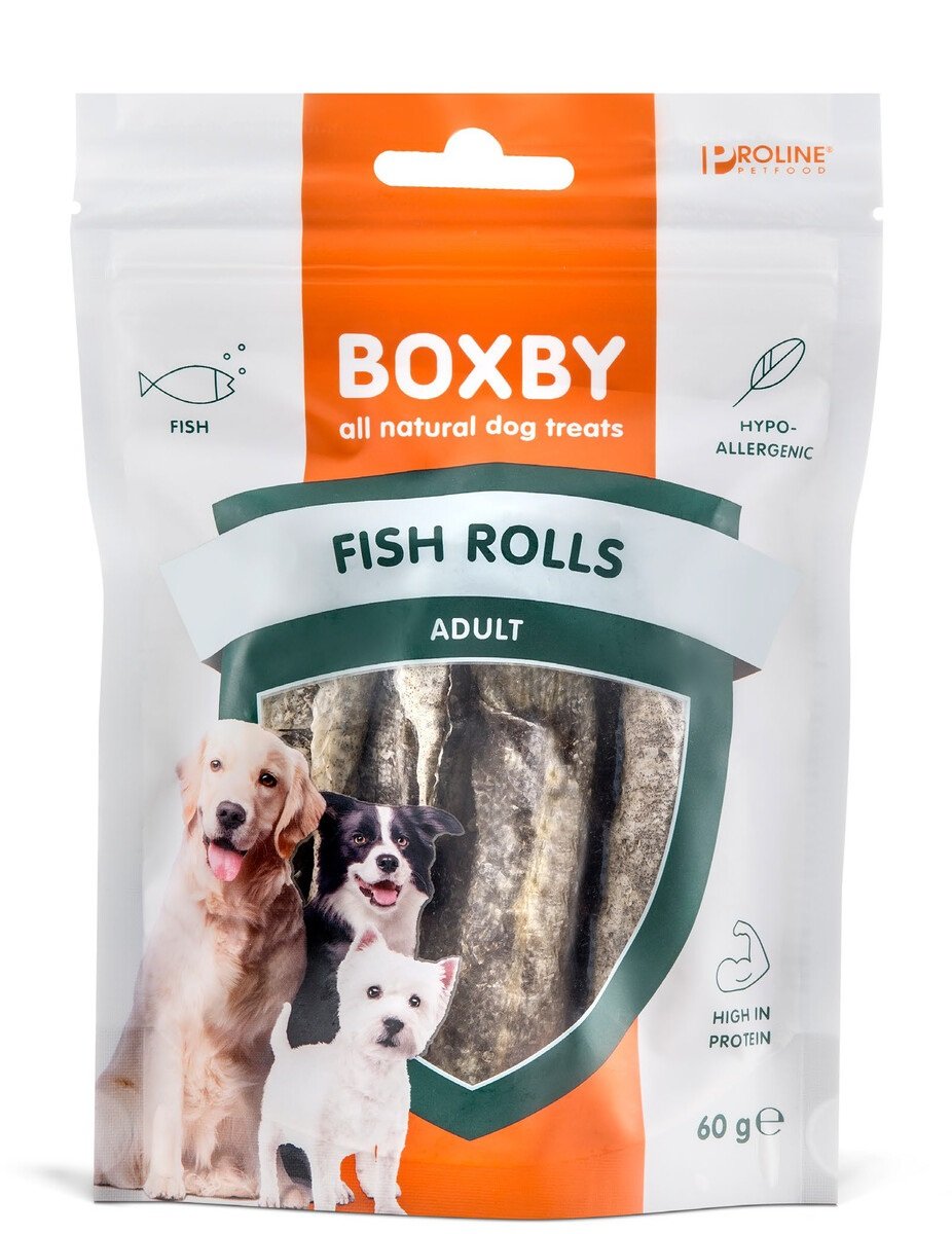 Boxby Fish Rolls skanėstai šunims, 100% džiovinta menkės oda, 60g -  1