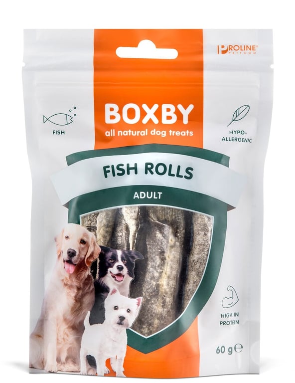 Boxby Fish Rolls skanėstai šunims, 100% džiovinta menkės oda, 60g