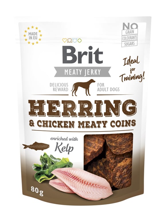 Brit Care Jerky Coins mėsingi skanėstai šunims su silke, 80 g
