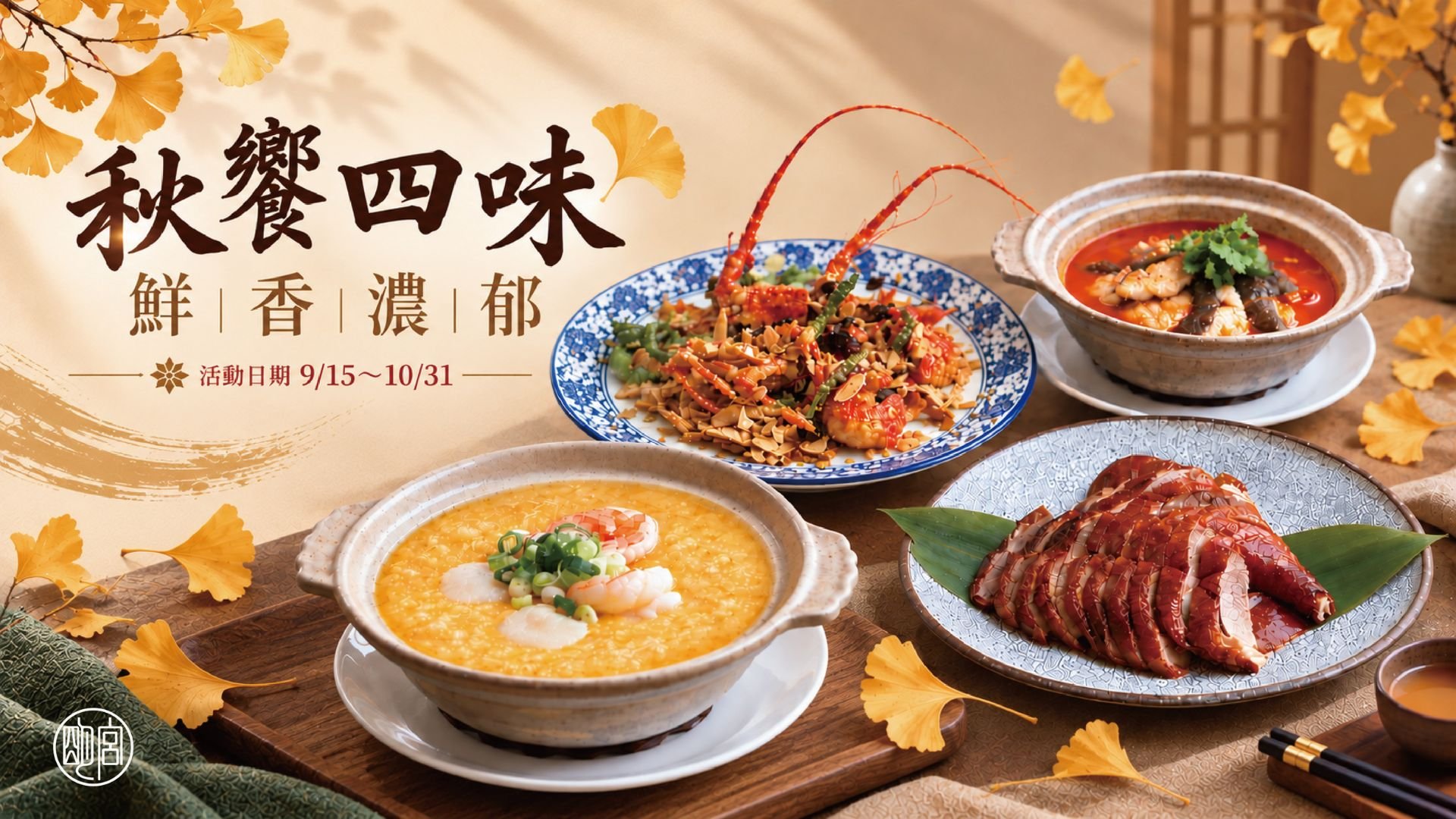 蒜香杏片軟殼龍蝦、特選燒鵝、紅酸湯魚菲力、金湯蟹肉海鮮粥