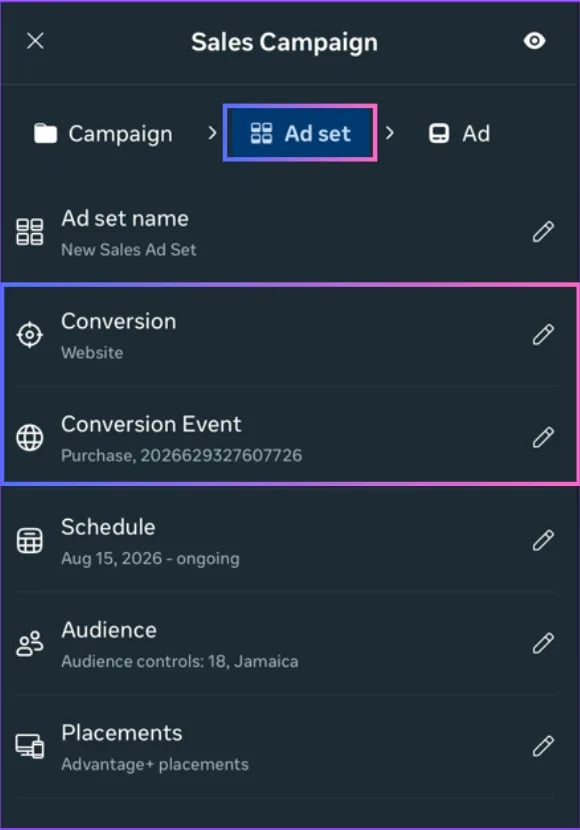Meta Ads Manager ad set with conversion set to Website and conversion event set to Purchase