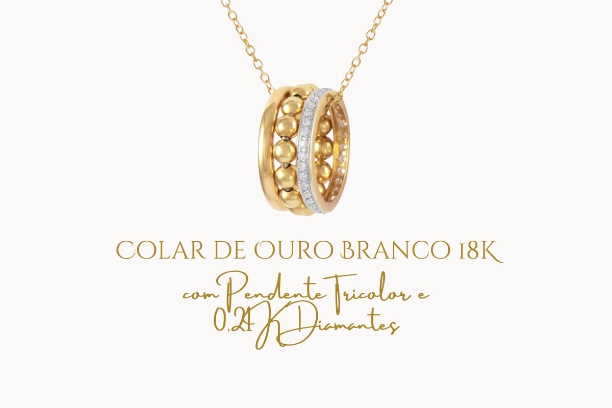 Colar de Ouro Branco 18K com Pendente Tricolor e 0,21K Diamantes