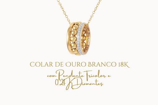 Colar de Ouro Branco 18K com Pendente Tricolor e 0,21K Diamantes