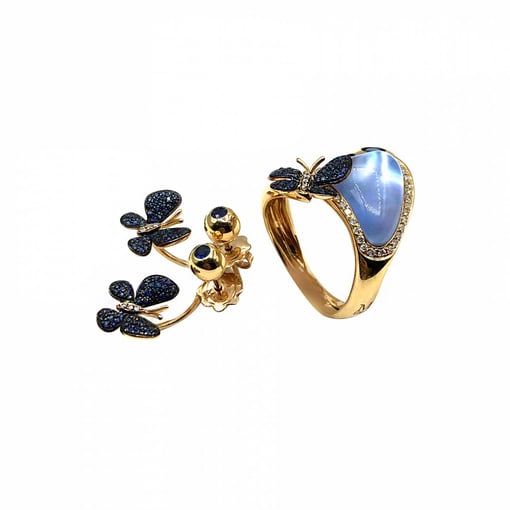 Anel e Brincos Borboleta Ouro Diamantes Safira Azuis e Quartz AN4834 / BR07849