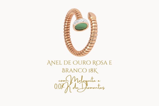 Anel de Ouro Rosa e Branco 18K com Malaquite e 0,07K de Diamantes