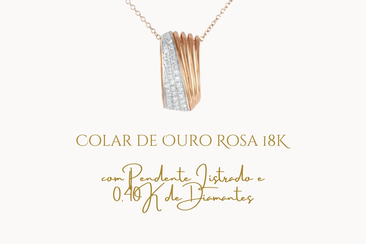 Colar de Ouro Rosa 18K com Pendente Listrado e 0,40K de Diamantes