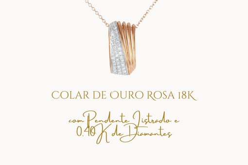 Colar de Ouro Rosa 18K com Pendente Listrado e 0,40K de Diamantes