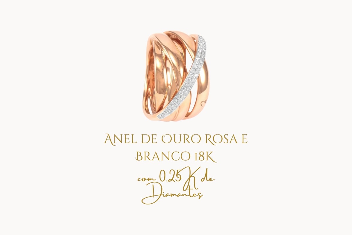 Anel de Ouro Rosa e Branco 18K com 0,25K de Diamantes