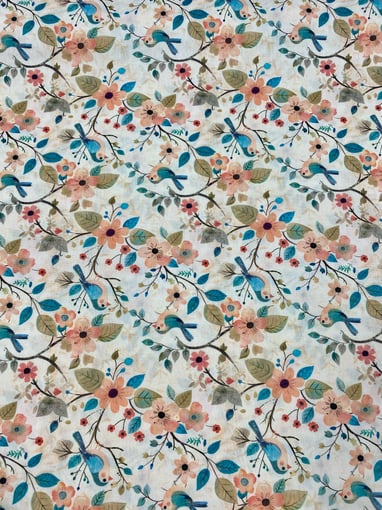 Tecido Floral com Pássaros